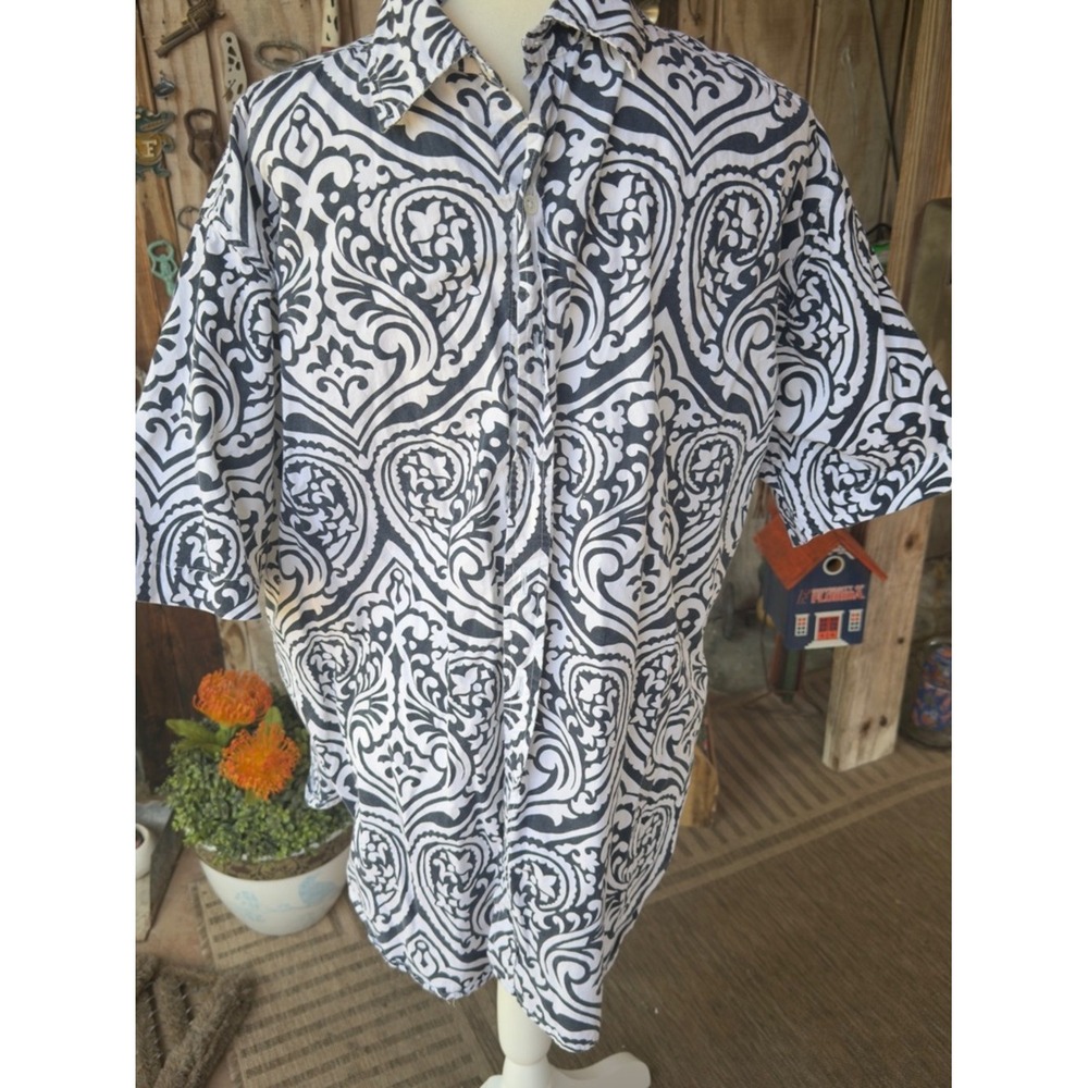 J. Peterman Black & White Scroll-Print Short-Sleeve Button-Down 100% Cotton XL